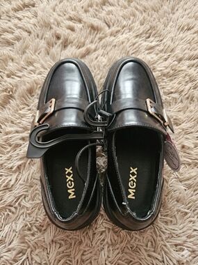 Mexx Black Leather Slip-On Loafers with Gold Buckle Womens Size 9